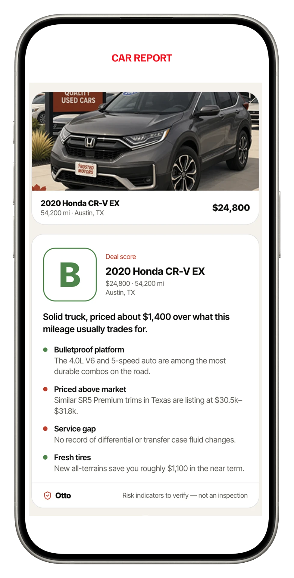 Otto car report showing a B deal score for a 2020 Honda CR-V EX