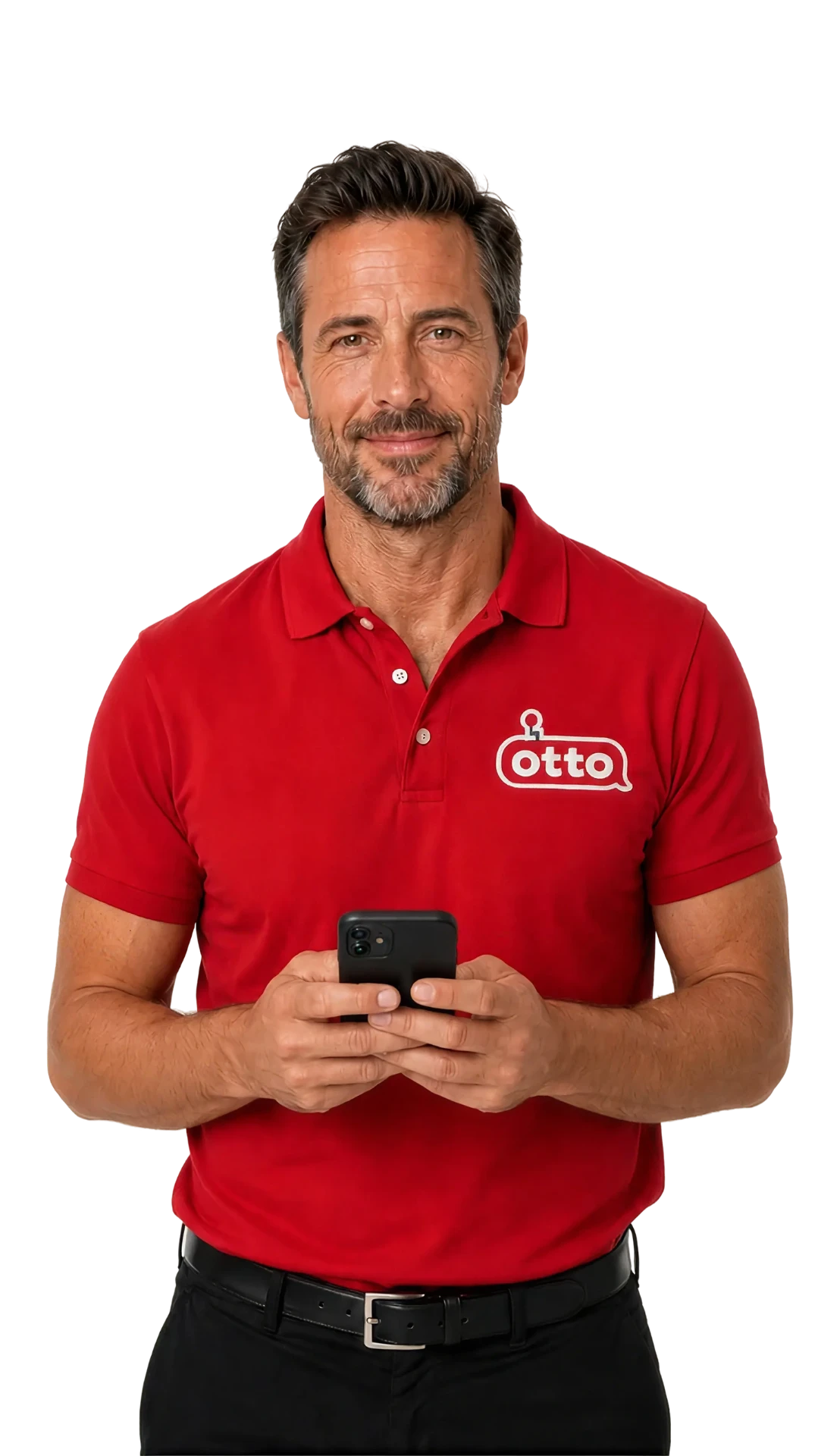 Otto expert in a red polo shirt holding a phone