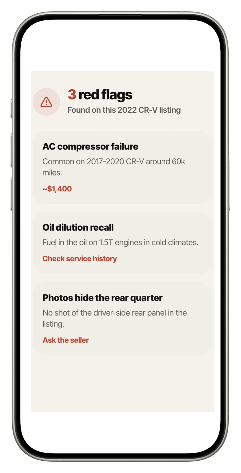 Otto listing three red flags found on a CR-V listing with repair costs