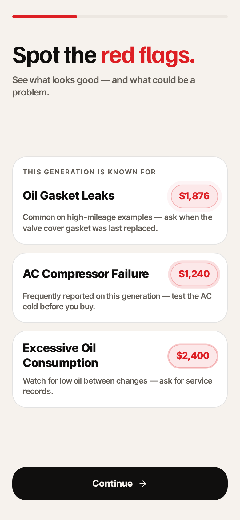 Otto listing known issues for a car generation with repair costs