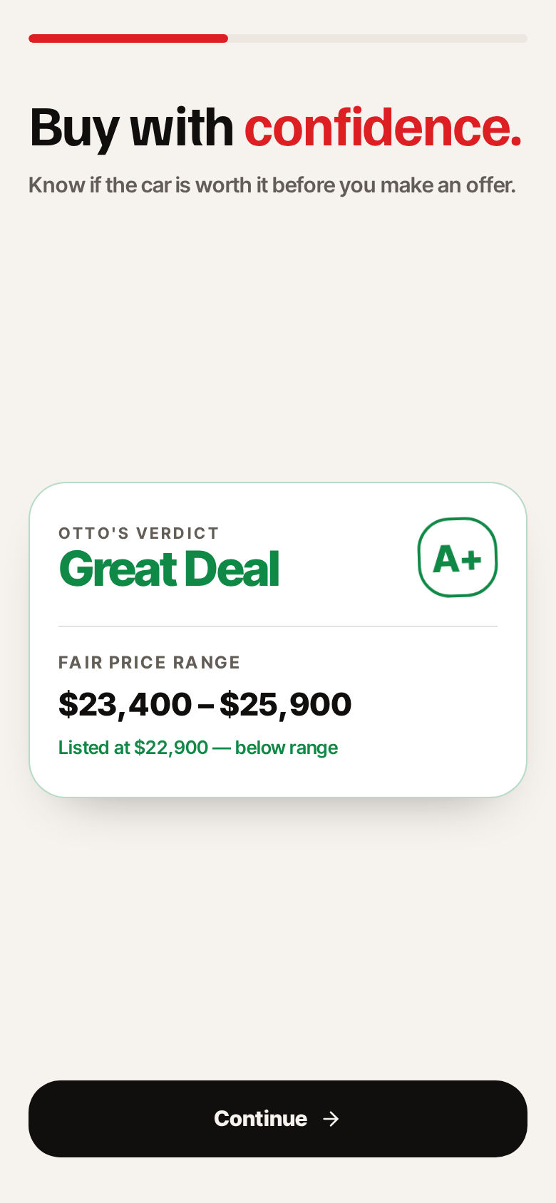 Otto verdict screen showing an A+ Great Deal grade